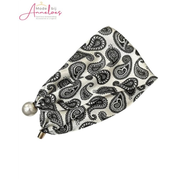Dames Halssjaal zwart wit paisley print 541 korte sjaal met parel Dames Halssjaal zwart wit paisley print 541 korte sjaal met parel